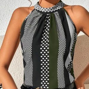 SHEIN Lune Polka Dot Print Key Hole Back Halter Neck Blouse